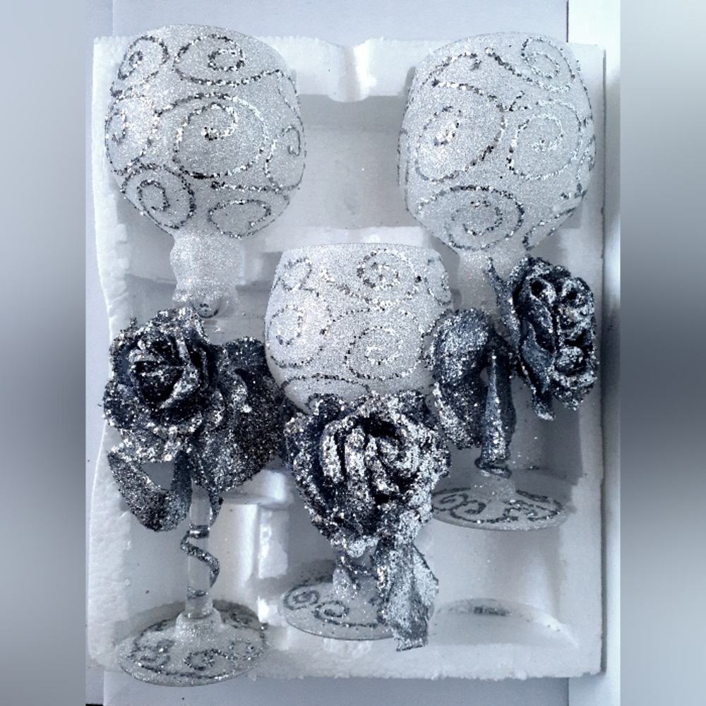 Sparkly Silver Wine glass-style Candle Holders, new in box, never used